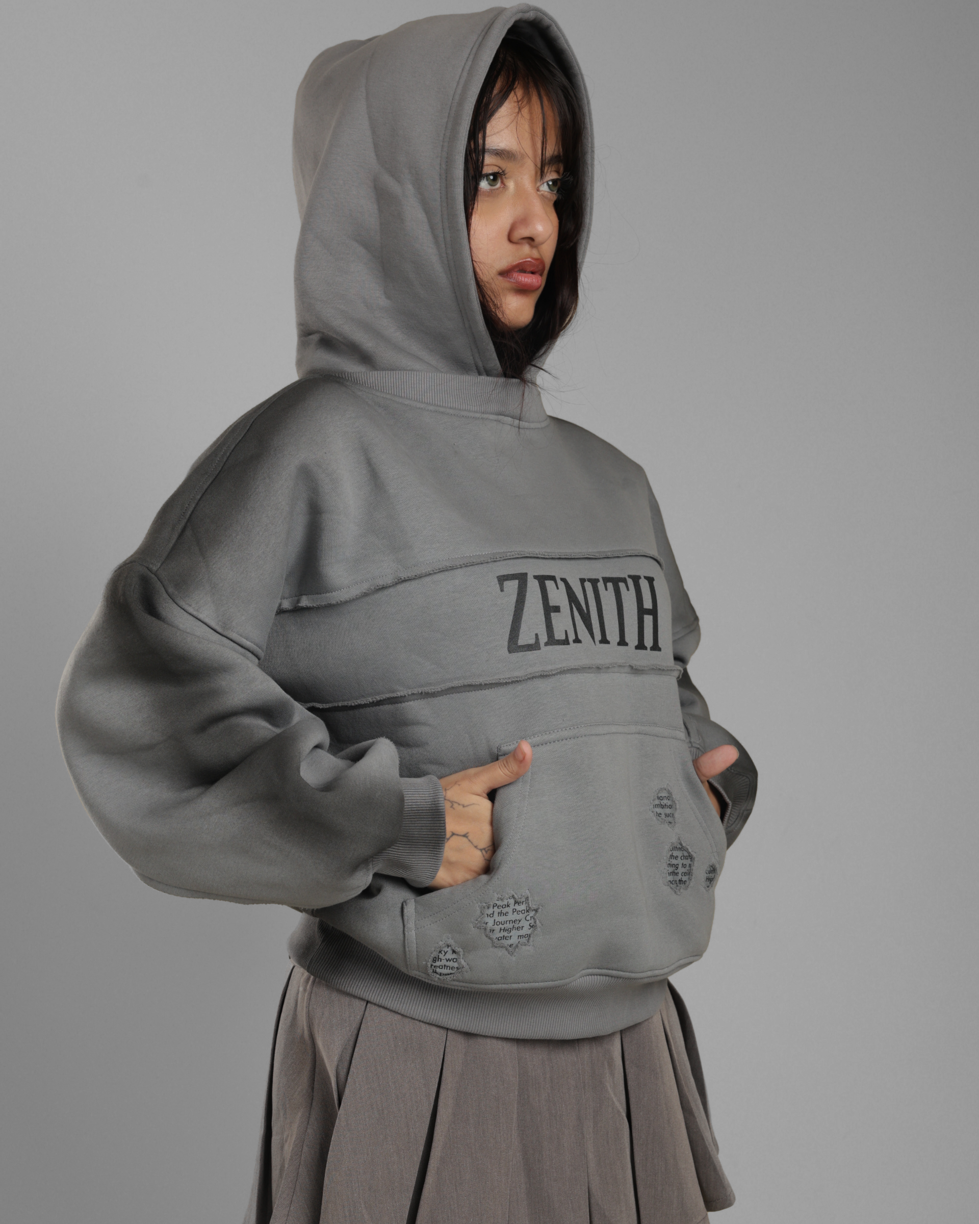 Person wearing a gray hoodie with 'ZENITH' branding on a gray background