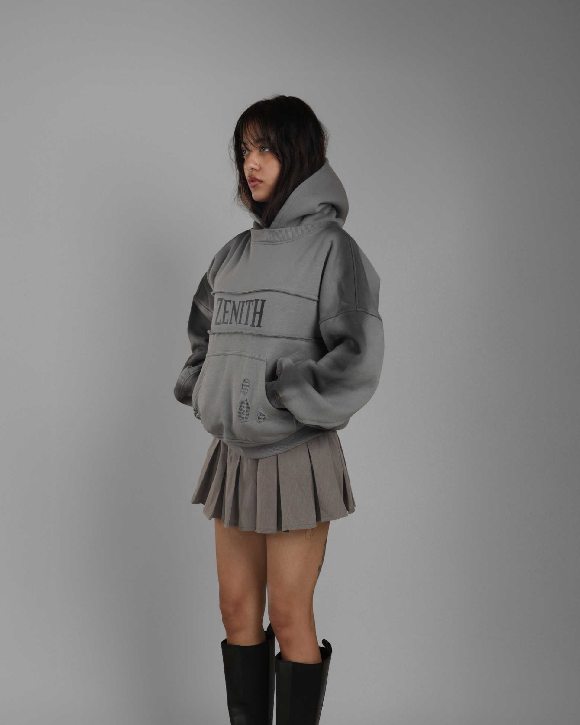 Person wearing a gray hoodie with 'Zenith' branding on a gray background